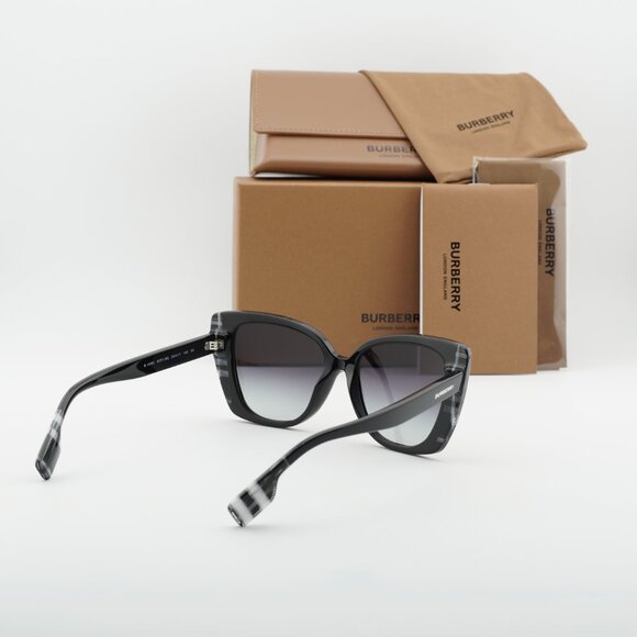 Burberry BE4393 40518G Sunglasses Black/Check White Cat Eye Frame, Grey Lenses